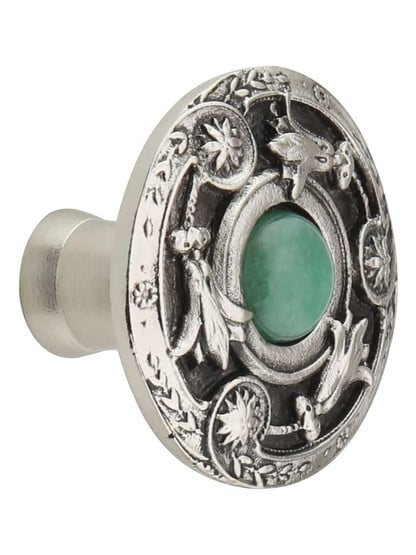 Jeweled Lily Cabinet Knob Inset with Green Aventurine - 1 1/4 inch Diameter in Brite Nickel.